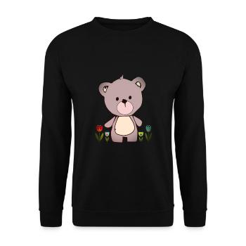 Happy Teddy Bär im Blumenmeer - Unisex Pullover - Schwarz - Vorne - Alina (178cm) & Michal (187cm)