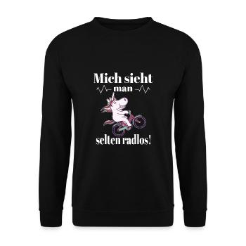 Einhorn auf einem Fahrrad mit einem Spruch - Unisex Pullover - Schwarz - Vorne - Alina (178cm) & Michal (187cm)