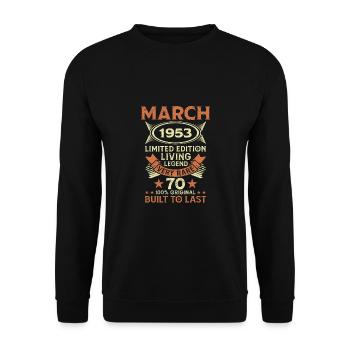 70th birthday March Born in 1953 Gift idea - Unisex Sweatshirt - black - Front - Alina (178cm) & Michal (187cm)