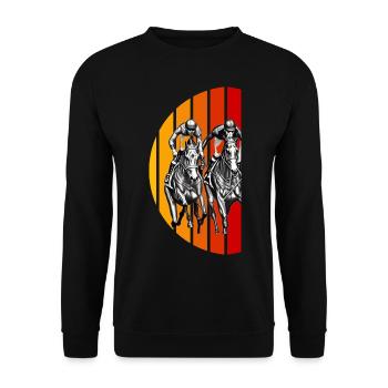 Pferderennen Vintage Zeichnung Sonnenuntergang - Unisex Pullover - Schwarz - Vorne - Alina (178cm) & Michal (187cm)