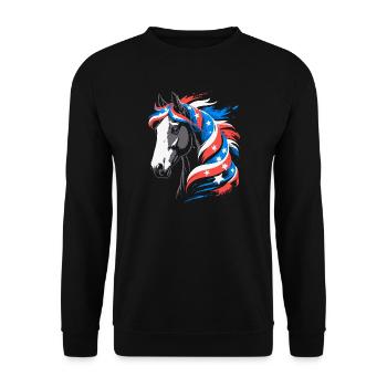 Patriotisches Pferd mit Sternenmähne - Unisex Pullover - Schwarz - Vorne - Alina (178cm) & Michal (187cm)