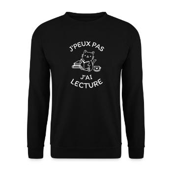 Lesekatze mit Büchern und Kaffee - Unisex Pullover - Schwarz - Vorne - Alina (178cm) & Michal (187cm)
