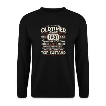 Oldtimer_1981_Jahrgang_Retro_Geburtstag Geschenk - Unisex Pullover - Schwarz - Vorne - Alina (178cm) & Michal (187cm)