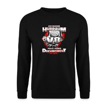 AUS GROSSEM HUBRAUM FOLGT HOHES DREHMOMENT - Unisex Pullover - Schwarz - Vorne - Alina (178cm) & Michal (187cm)