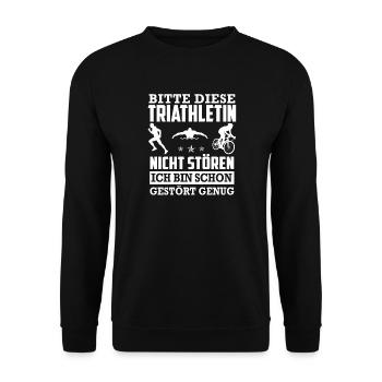 Triathlon Shirt · Triathletin · Nicht stören - Unisex Pullover - Schwarz - Vorne - Alina (178cm) & Michal (187cm)