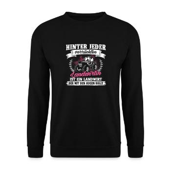 Landwirtin Shirt · Traktor · Frau · verrückt - Unisex Pullover - Schwarz - Vorne - Alina (178cm) & Michal (187cm)