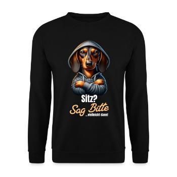 Sitz? Sag bitte... Vielleicht dann - Dackel Teckel - Unisex Pullover - Schwarz - Vorne - Alina (178cm) & Michal (187cm)
