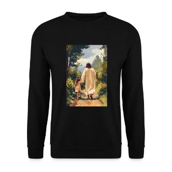 Jesus wandert mit einem kleinen Mädchen, - Unisex Pullover - Schwarz - Vorne - Alina (178cm) & Michal (187cm)