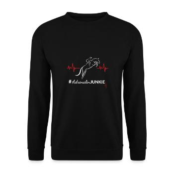 Motiv Springreiter "#AdrenalinJunkie" - Unisex Pullover - Schwarz - Vorne - Alina (178cm) & Michal (187cm)