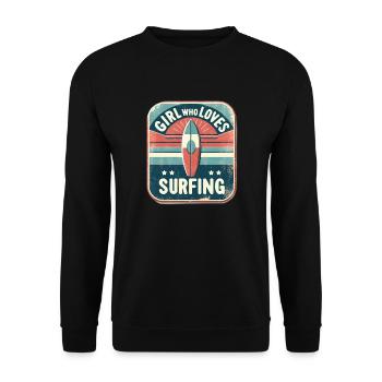 Mädchen, das es liebt, Retro-Surfbrett zu surfen - Unisex Pullover - Schwarz - Vorne - Alina (178cm) & Michal (187cm)