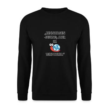 "Rennwagen-Feeling im Schneckentempo"Rot Blau - Unisex Pullover - Schwarz - Vorne - Alina (178cm) & Michal (187cm)