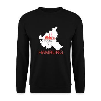Hamburg Skyline Map - Weiß-Rot - Unisex Pullover - Schwarz - Vorne - Alina (178cm) & Michal (187cm)