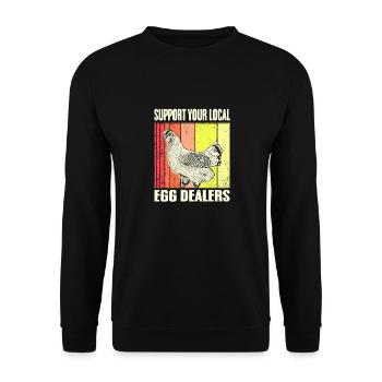 Support Your Local Egg Dealer lustiges Eier - Unisex Pullover - Schwarz - Vorne - Alina (178cm) & Michal (187cm)