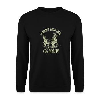 Support Your Local Egg Dealer lustiges Eier - Unisex Pullover - Schwarz - Vorne - Alina (178cm) & Michal (187cm)
