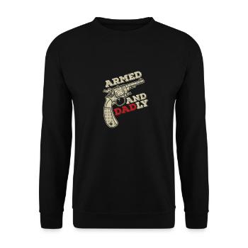 Bewaffnet und väterlich Lustige väterliche Väter - Unisex Pullover - Schwarz - Vorne - Alina (178cm) & Michal (187cm)