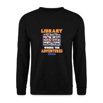 Bibliothek Wo Die Abenteuer Beginnen - Farbiges - Unisex Pullover - Schwarz - Vorne - Alina (178cm) & Michal (187cm)