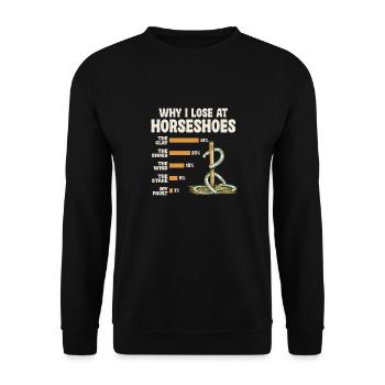 Warum Ich Bei Hufeisen Verliere Humorvolle Grafik - Unisex Pullover - Schwarz - Vorne - Alina (178cm) & Michal (187cm)