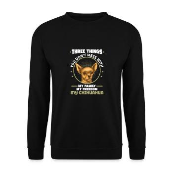 Trois choses : la famille, la liberté, le Chihuahua - - Sweat-shirt Unisexe - noir - Devant - Alina (178cm) & Michal (187cm)