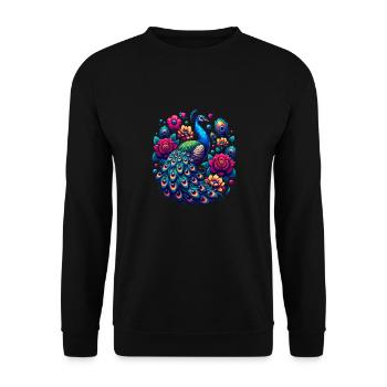 Majestätischer Pfau mit Blumenpracht in - Unisex Pullover - Schwarz - Vorne - Alina (178cm) & Michal (187cm)