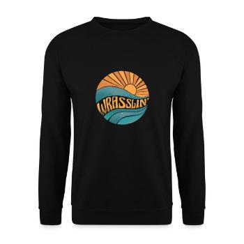 Wrasslin' Sonne Wellen Retro Motiv - Unisex Pullover - Schwarz - Vorne - Alina (178cm) & Michal (187cm)