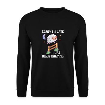 Sorry I'm Late I Was Dilly Dalying Lustiges Schaf - Unisex Pullover - Schwarz - Vorne - Alina (178cm) & Michal (187cm)