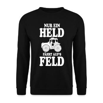 TRAKTOR SPRUCH NUR EIN HELD FÄHRT AUFS FELD - Unisex Pullover - Schwarz - Vorne - Alina (178cm) & Michal (187cm)