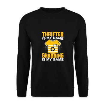 Thrift Shopper Thrifter Is My Name Gift - Unisex Pullover - Schwarz - Vorne - Alina (178cm) & Michal (187cm)