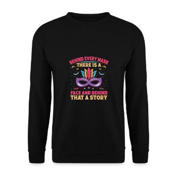 Derrière chaque masque se cache une histoire, un artiste de cirque : cadeau - Sweat-shirt Unisexe - noir - Devant - Alina (178cm) & Michal (187cm)