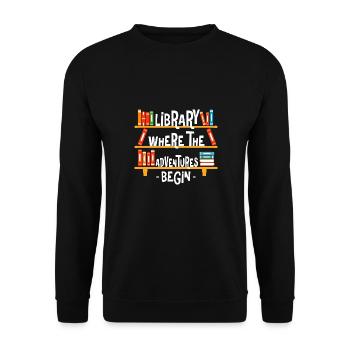 Bibliothèque Là où les aventures commencent - Coloré - Sweat-shirt Unisexe - noir - Devant - Alina (178cm) & Michal (187cm)