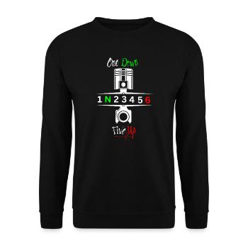 Motorrad Gänge Schaltung 1N23456 - Unisex Pullover - Schwarz - Vorne - Alina (178cm) & Michal (187cm)