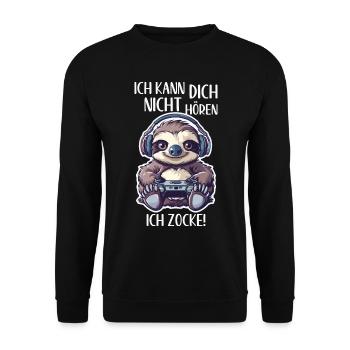 Ich kann dich nicht hören ich zocke Gamer Faultier - Unisex Pullover - Schwarz - Vorne - Alina (178cm) & Michal (187cm)