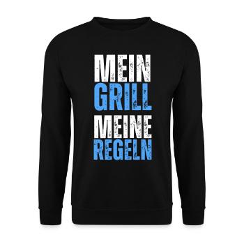 Mein Grill, meine Regeln. Lustiger BBQ Spruch - Unisex Pullover - Schwarz - Vorne - Alina (178cm) & Michal (187cm)