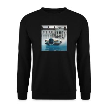Oldtimer in beleuchteter Wasserfontänenszene - Unisex Pullover - Schwarz - Vorne - Alina (178cm) & Michal (187cm)