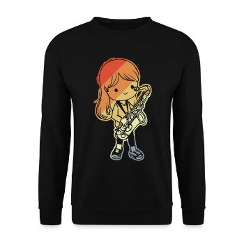 Kleine Saxophonistin Comic - Unisex Pullover - Schwarz - Vorne - Alina (178cm) & Michal (187cm)