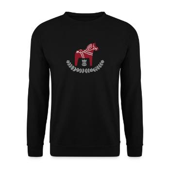 Dala Pferd mit Blumenbogen – Nordic Folk Design - Unisex Pullover - Schwarz - Vorne - Alina (178cm) & Michal (187cm)
