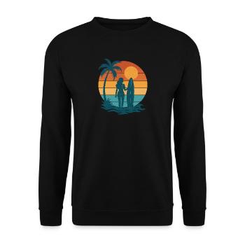 Sonnenuntergang am Strand mit Surferin - Unisex Pullover - Schwarz - Vorne - Alina (178cm) & Michal (187cm)
