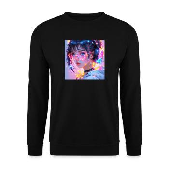 Neon Anime Girl Tokyo Nights Pink Lila Vaporwave - Unisex Pullover - Schwarz - Vorne - Alina (178cm) & Michal (187cm)