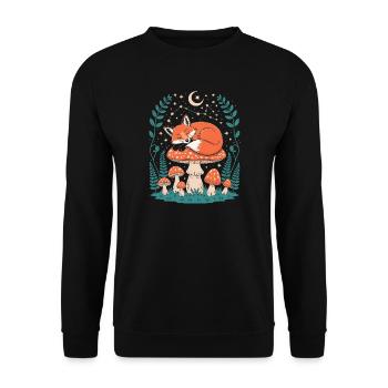 Schlafender Fuchs auf Pilz unter Sternenhimmel - Unisex Pullover - Schwarz - Vorne - Alina (178cm) & Michal (187cm)