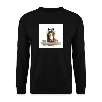 Aquarellpferd mit Blumenkrone - Unisex Pullover - Schwarz - Vorne - Alina (178cm) & Michal (187cm)