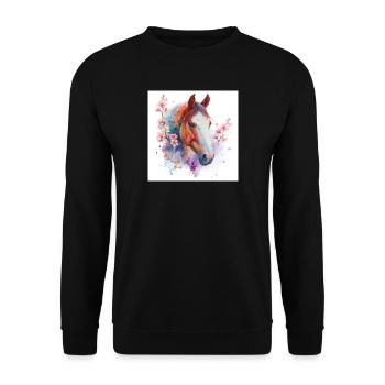Aquarell Pferd und Blüten - Unisex Pullover - Schwarz - Vorne - Alina (178cm) & Michal (187cm)
