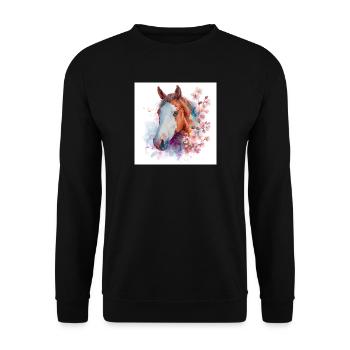 Aquarell Pferde- und Kirschblüten - Unisex Pullover - Schwarz - Vorne - Alina (178cm) & Michal (187cm)