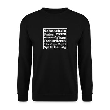 Mundart Österreich Typo Kollage Design - Unisex Pullover - Schwarz - Vorne - Alina (178cm) & Michal (187cm)