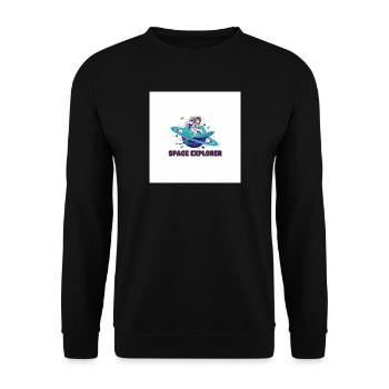 Space Explorer – Astronauten-Katze surft auf Satur - Unisex Pullover - Schwarz - Vorne - Alina (178cm) & Michal (187cm)
