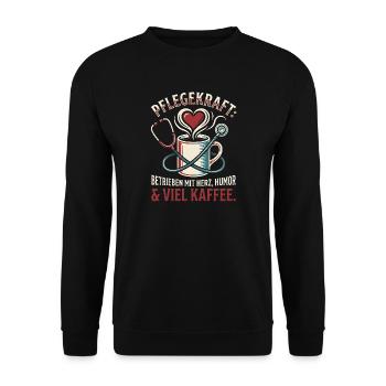 Pflegekraft Herz & Kaffee Retro Motiv - Unisex Pullover - Schwarz - Vorne - Alina (178cm) & Michal (187cm)