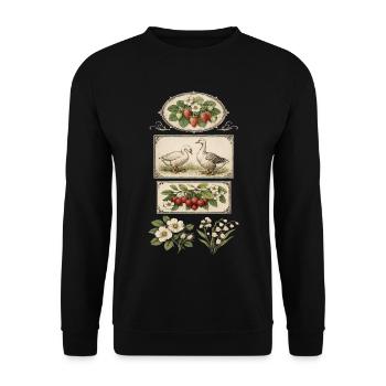 Vintage-Cottagecore-Botanische Gäns-Erdbeer-Kirsche - Unisex Pullover - Schwarz - Vorne - Alina (178cm) & Michal (187cm)