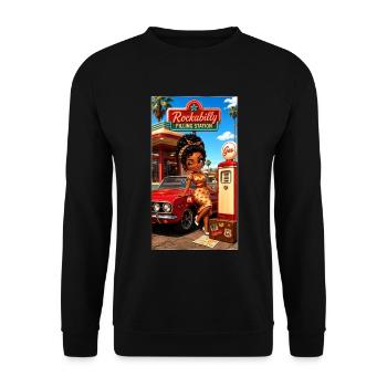 Gloria Pinup Cherry 50s Tankstelle – Kek-Ina - Unisex Pullover - Schwarz - Vorne - Alina (178cm) & Michal (187cm)