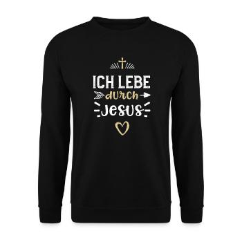 Ich lebe durch Jesus - Jesus - Unisex Pullover - Schwarz - Vorne - Alina (178cm) & Michal (187cm)