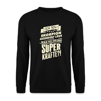 Superkräfte Sternzeichen Skorpion Aszendent Löwe - - Unisex Pullover - Schwarz - Vorne - Alina (178cm) & Michal (187cm)