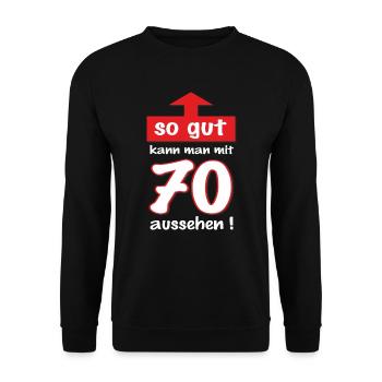 BD - Pfeil so gut kann man mit 70 aussehen - - Unisex Pullover - Schwarz - Vorne - Alina (178cm) & Michal (187cm)