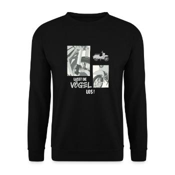 Lasst die Vögel los Moped Mofa Mopedfahrer - Unisex Pullover - Schwarz - Vorne - Alina (178cm) & Michal (187cm)